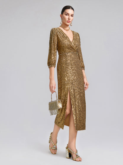 Gold Sequin Crystal V-Neck Dress