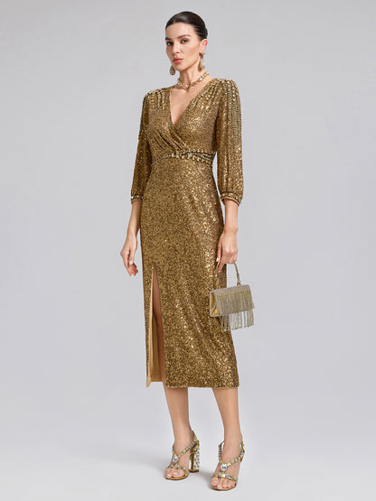 Gold Sequin Crystal V-Neck Dress