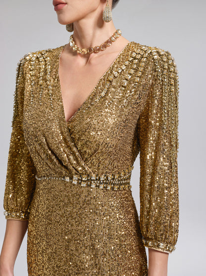Gold Sequin Crystal V-Neck Dress
