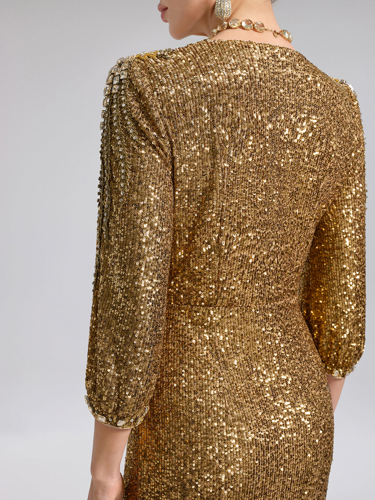 Gold Sequin Crystal V-Neck Dress