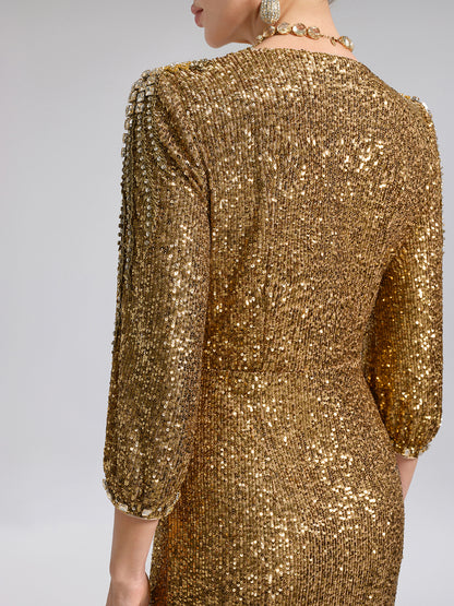 Gold Sequin Crystal V-Neck Dress