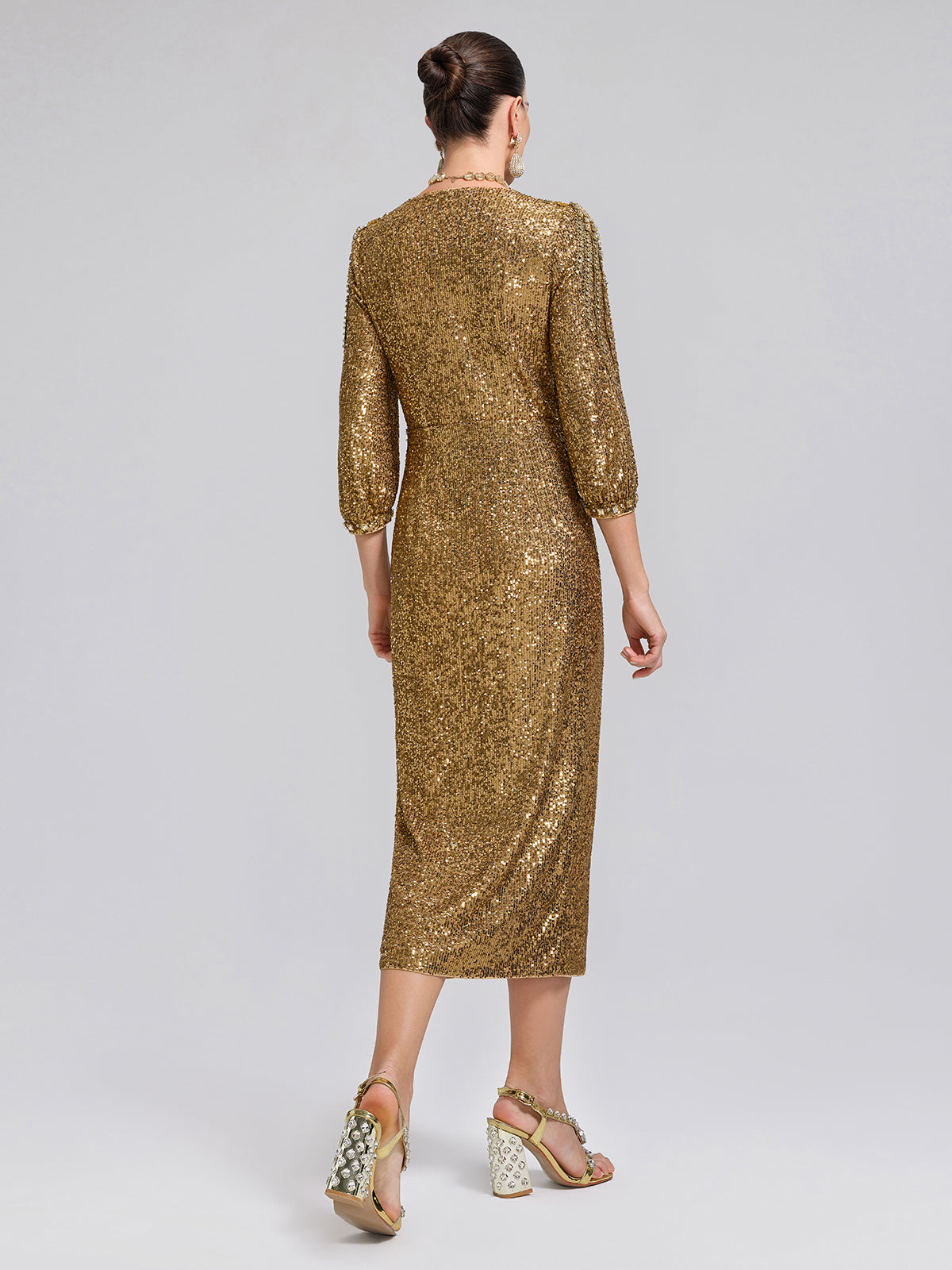 Gold Sequin Crystal V-Neck Dress