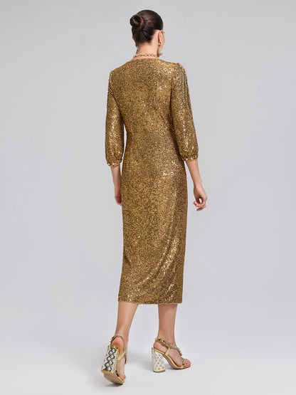Gold Sequin Crystal V-Neck Dress