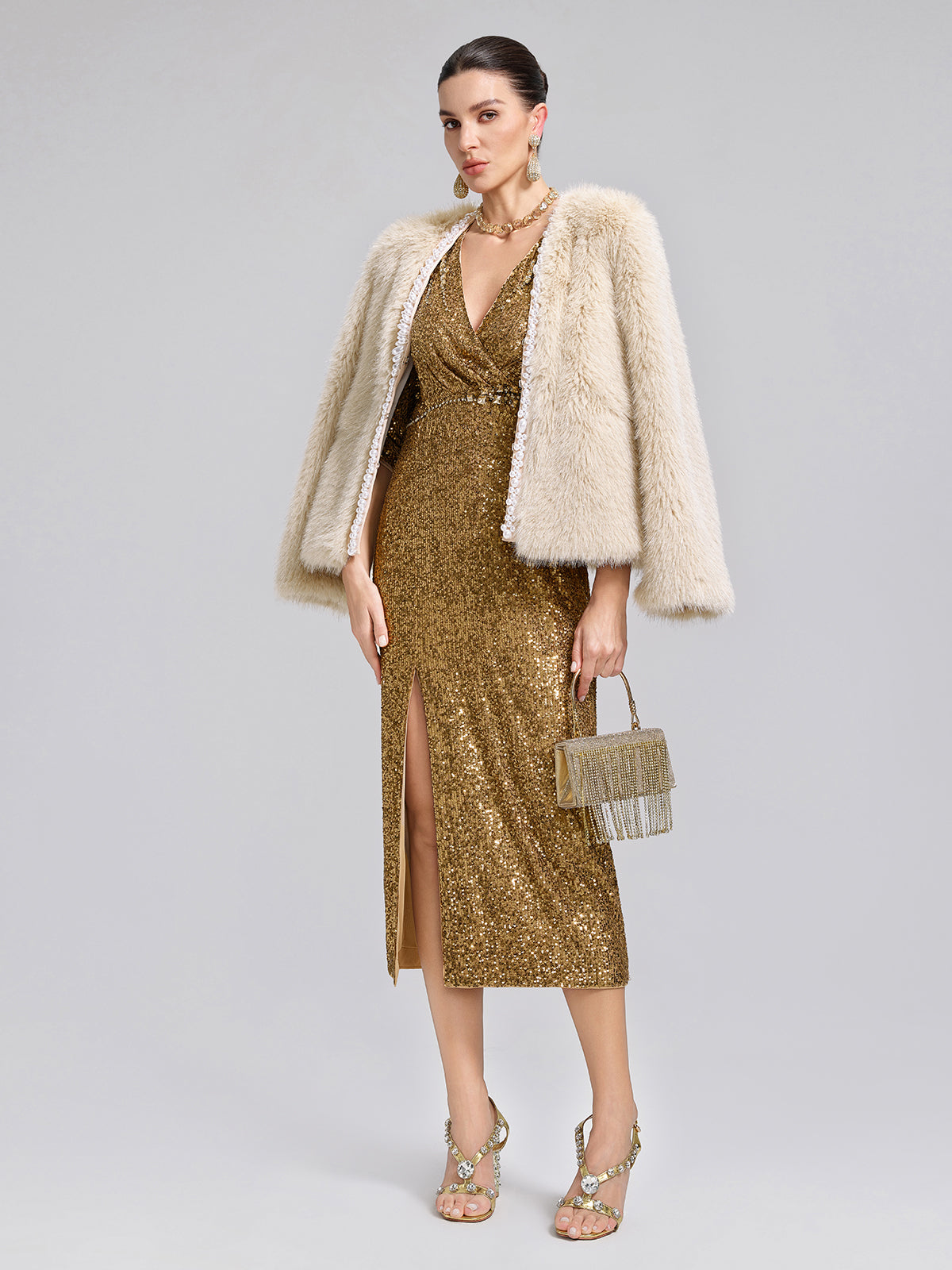 Gold Sequin Crystal V-Neck Dress