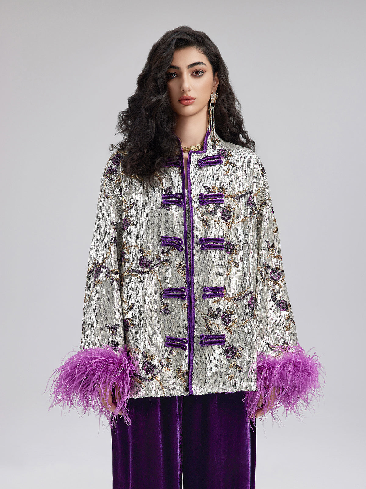 Oriental-Inspired Sequin Removable Feather Jacket