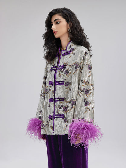 Oriental-Inspired Sequin Removable Feather Jacket