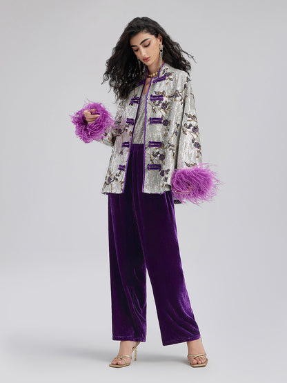 Oriental-Inspired Sequin Removable Feather Jacket