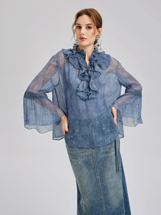 Silk Lace Ruffle Trim Blouse (100% Silk)