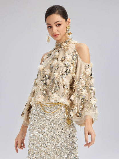 Sequin Floral Embroidery Cold-Shoulder Top