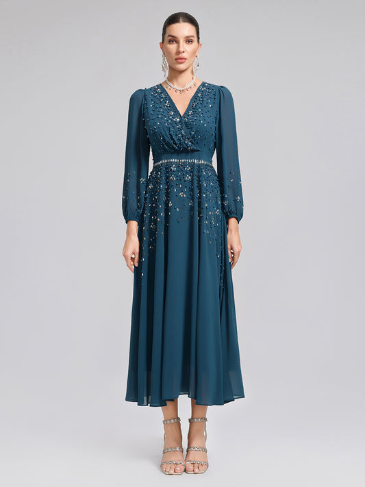 Rhinestone-Embellished Beaded Deep V Dress