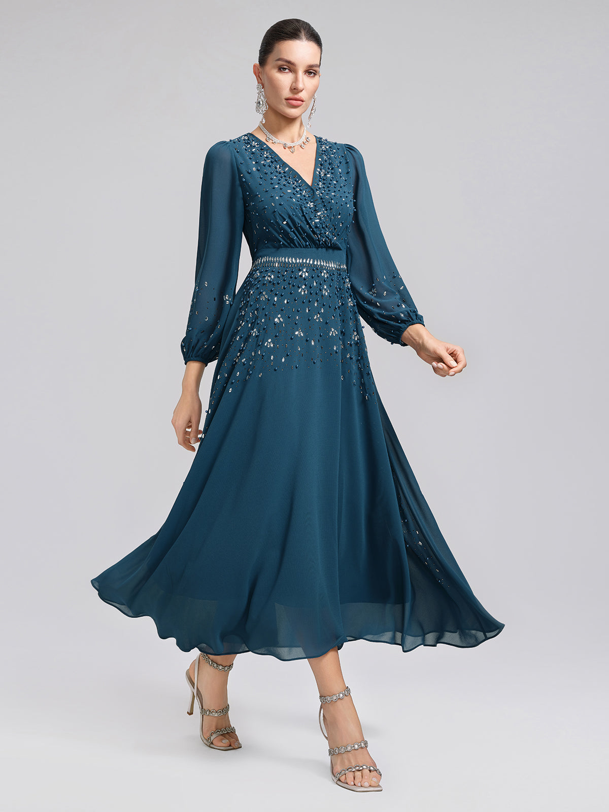 Rhinestone-Embellished Beaded Deep V Dress, GREEN / M Rhinestone-Embellished Beaded Deep V Dress, GREEN / M