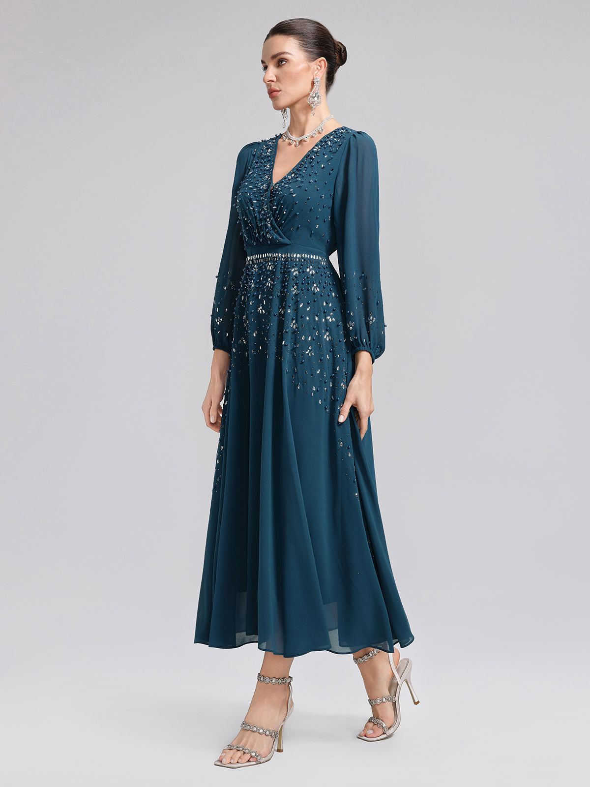 Rhinestone-Embellished Beaded Deep V Dress