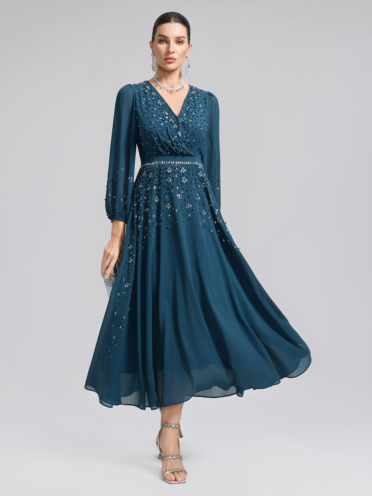 Rhinestone-Embellished Beaded Deep V Dress