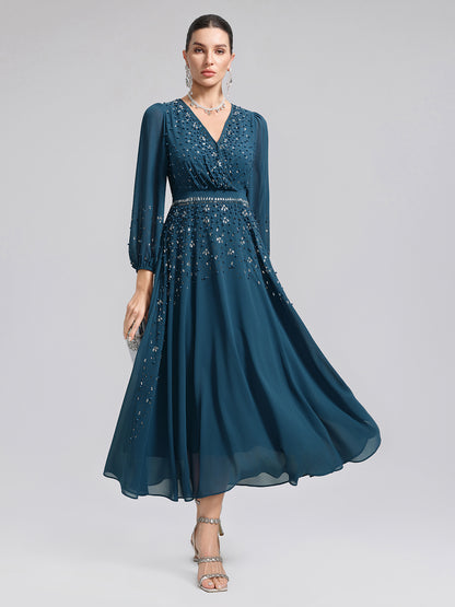 Rhinestone-Embellished Beaded Deep V Dress