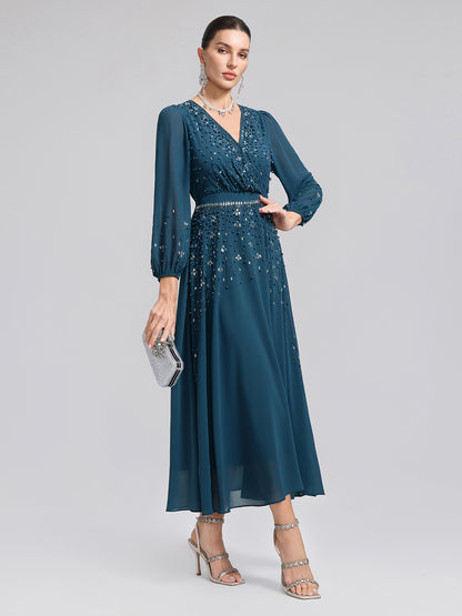 Rhinestone-Embellished Beaded Deep V Dress