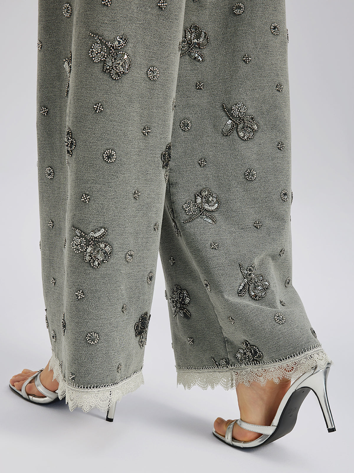 Garment Dyeing Beaded Denim Lace-Trim Pants