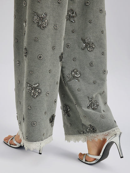 Garment Dyeing Beaded Denim Lace-Trim Pants