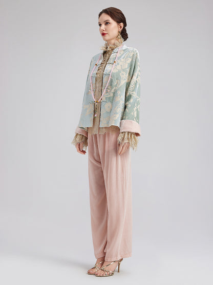 Neo Chinese Style Velvet Floral Jacket（Includes Necklace）