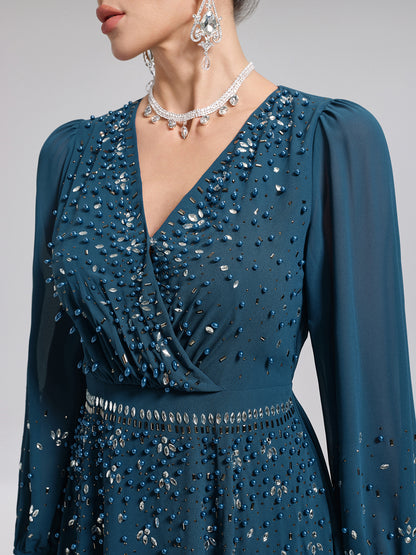 Rhinestone-Embellished Beaded Deep V Dress