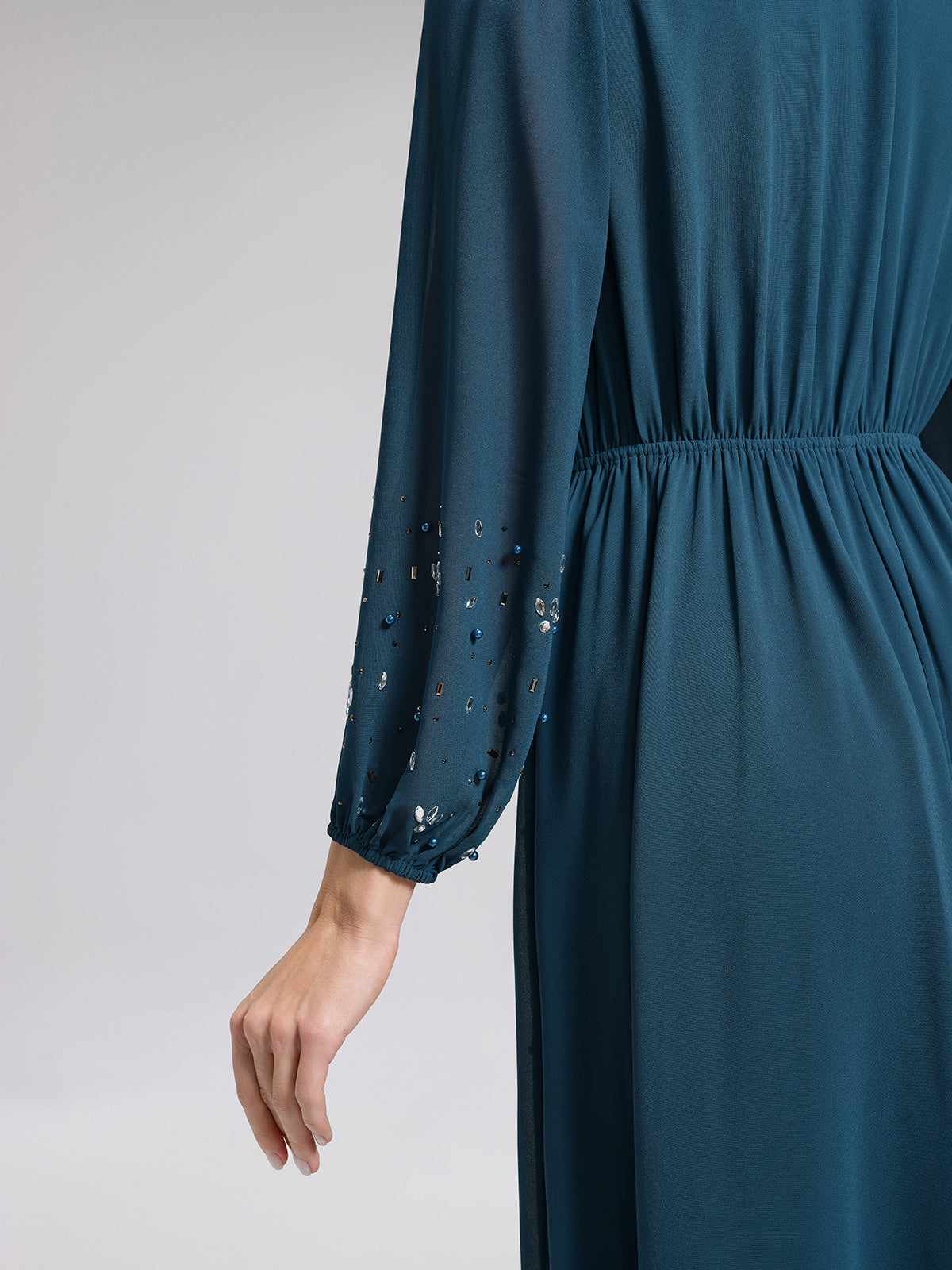 Rhinestone-Embellished Beaded Deep V Dress