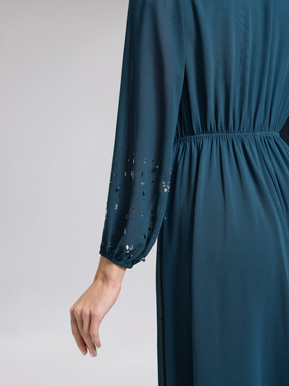 Rhinestone-Embellished Beaded Deep V Dress