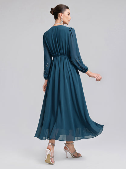 Rhinestone-Embellished Beaded Deep V Dress