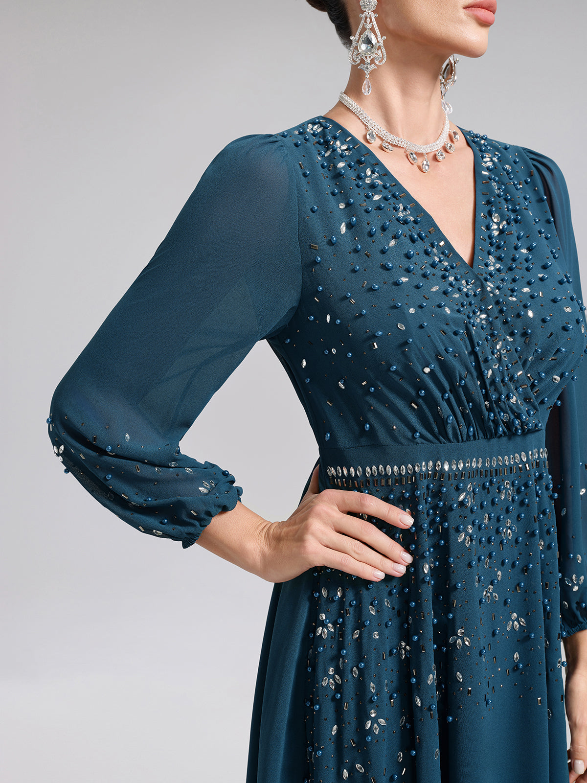 Rhinestone-Embellished Beaded Deep V Dress
