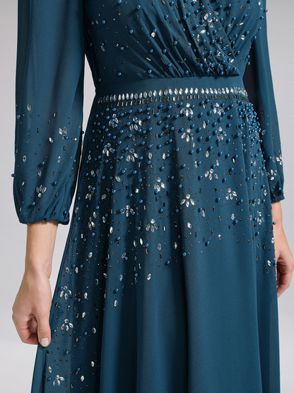 Rhinestone-Embellished Beaded Deep V Dress