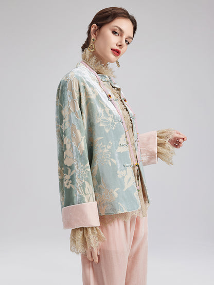 Neo Chinese Style Velvet Floral Jacket（Includes Necklace）