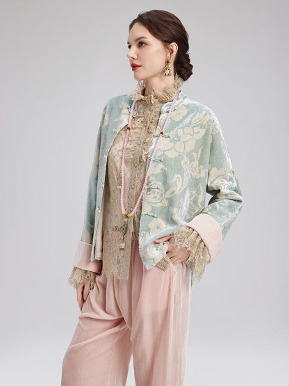 Neo Chinese Style Velvet Floral Jacket（Includes Necklace）