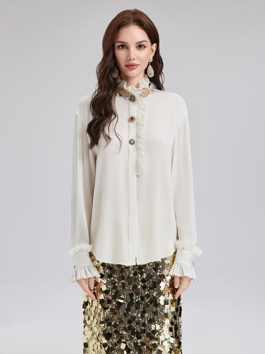 Silk Beaded Ruffle Collar Blouse