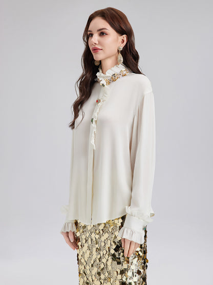 Silk Beaded Ruffle Collar Blouse