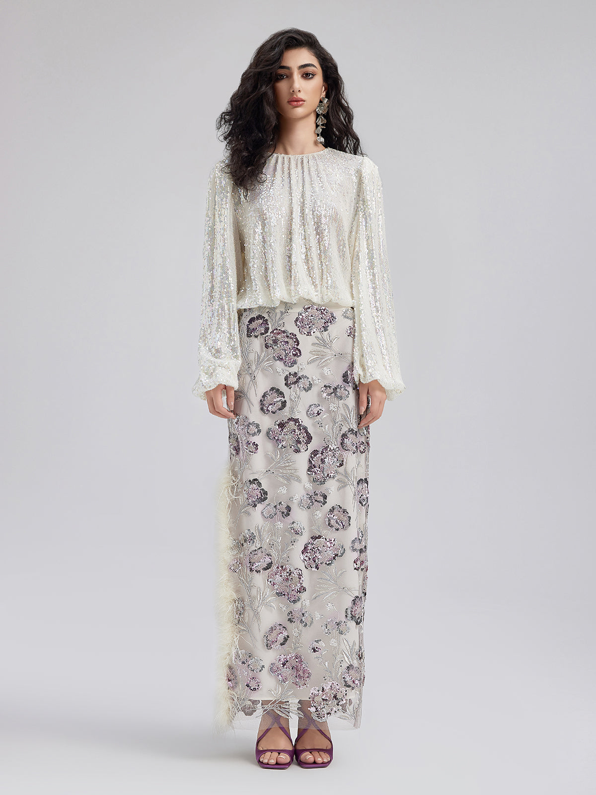 Final Sale | Sequin Feathered Neo Chinese Style Skirt