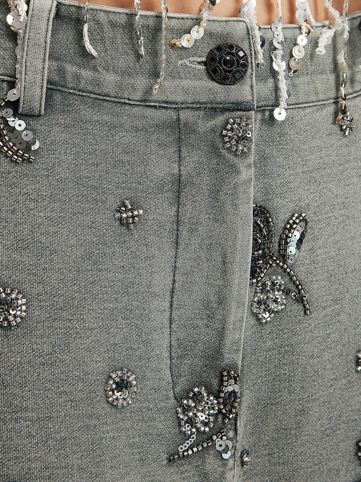 Garment Dyeing Beaded Denim Lace-Trim Pants