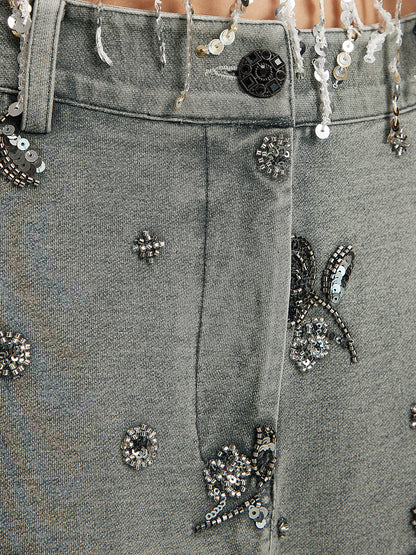 Garment Dyeing Beaded Denim Lace-Trim Pants