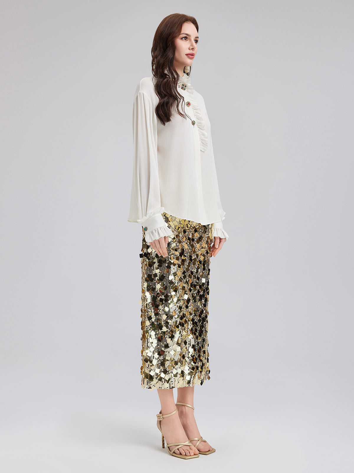 Silk Beaded Ruffle Collar Blouse