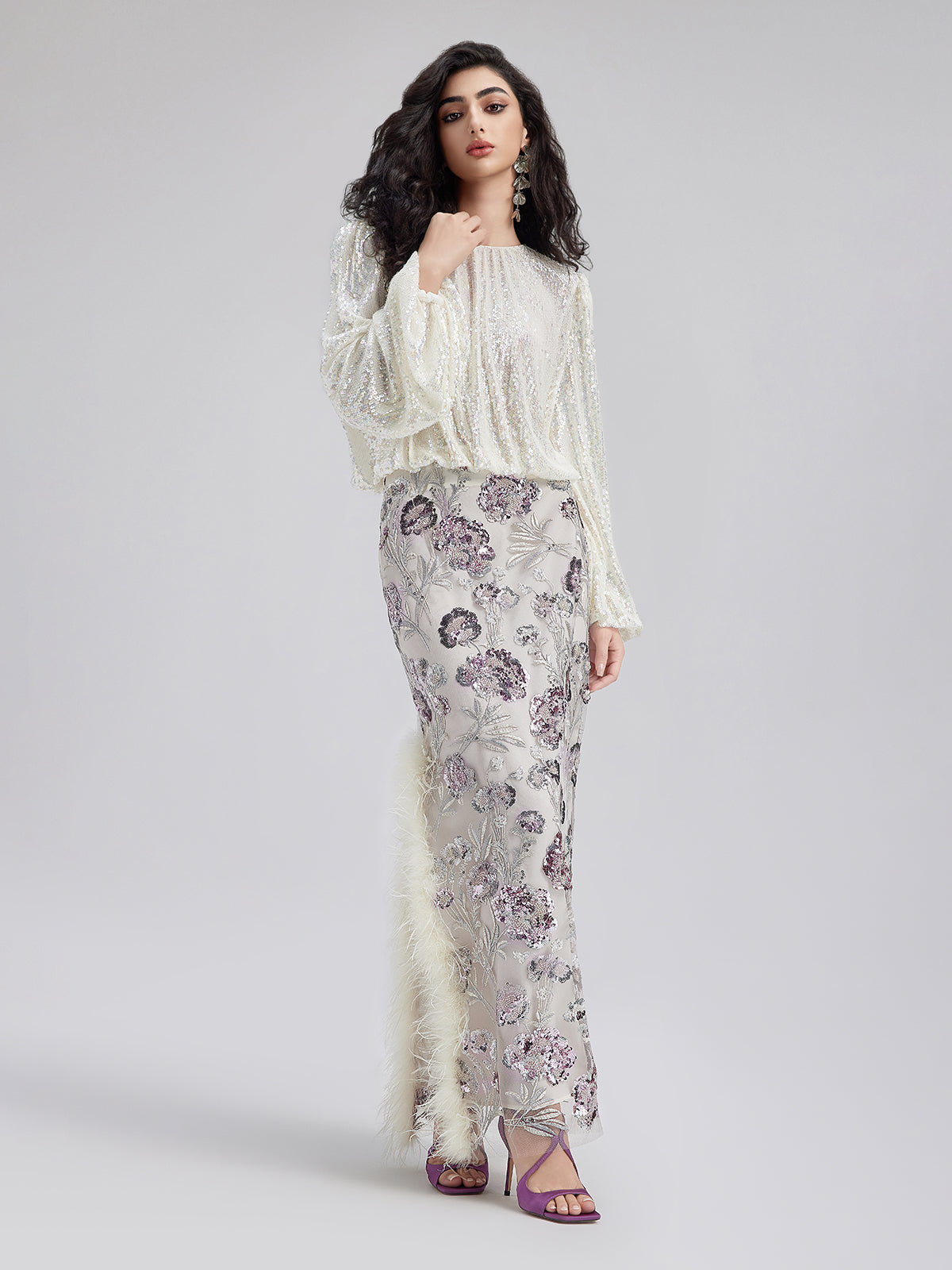Final Sale | Sequin Feathered Neo Chinese Style Skirt