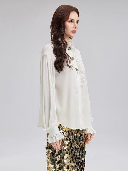 Silk Beaded Ruffle Collar Blouse