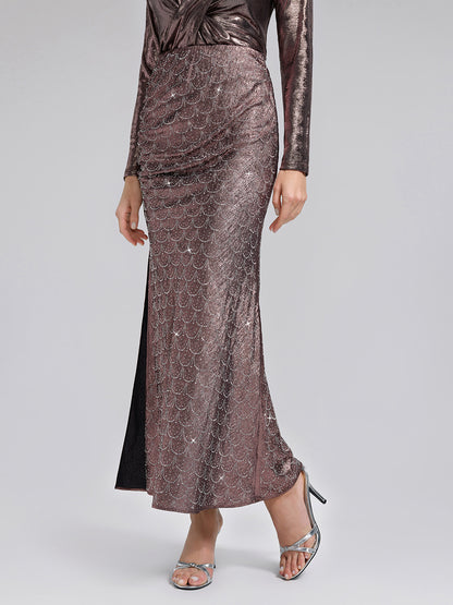 Rhinestone Side Slit Fishtail Skirt