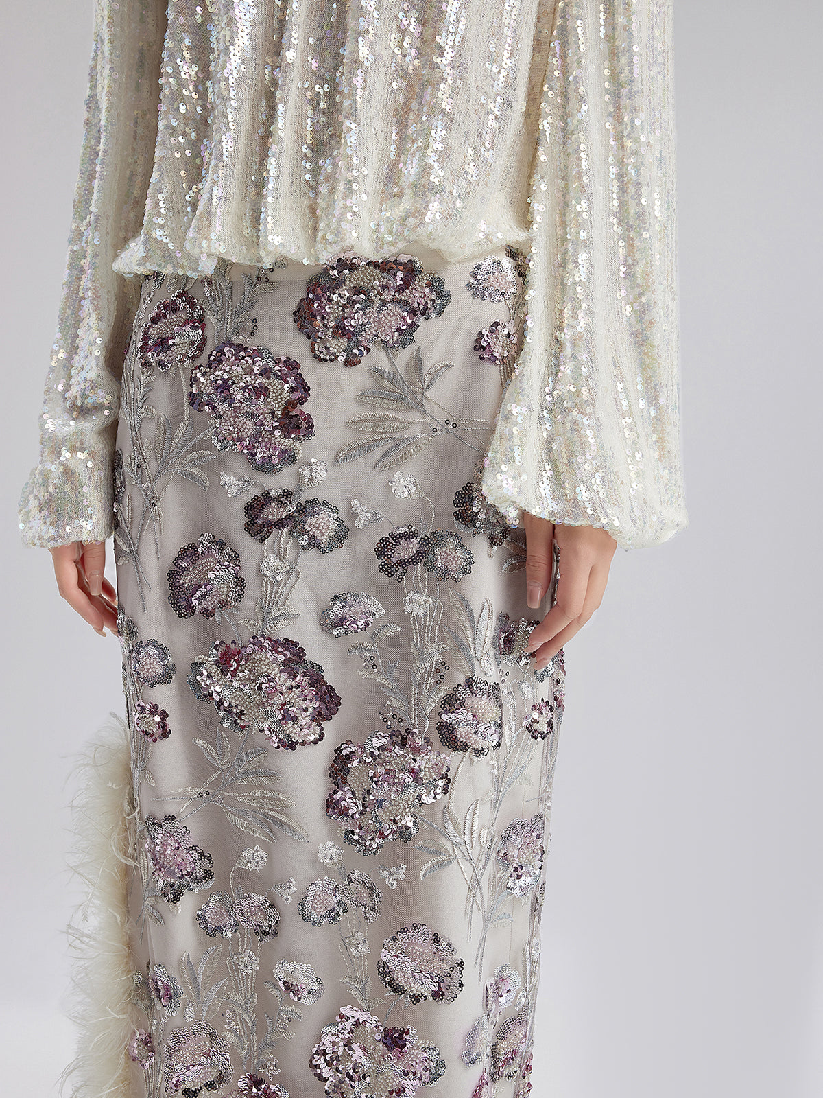 Sequin Feathered Neo Chinese Style Skirt