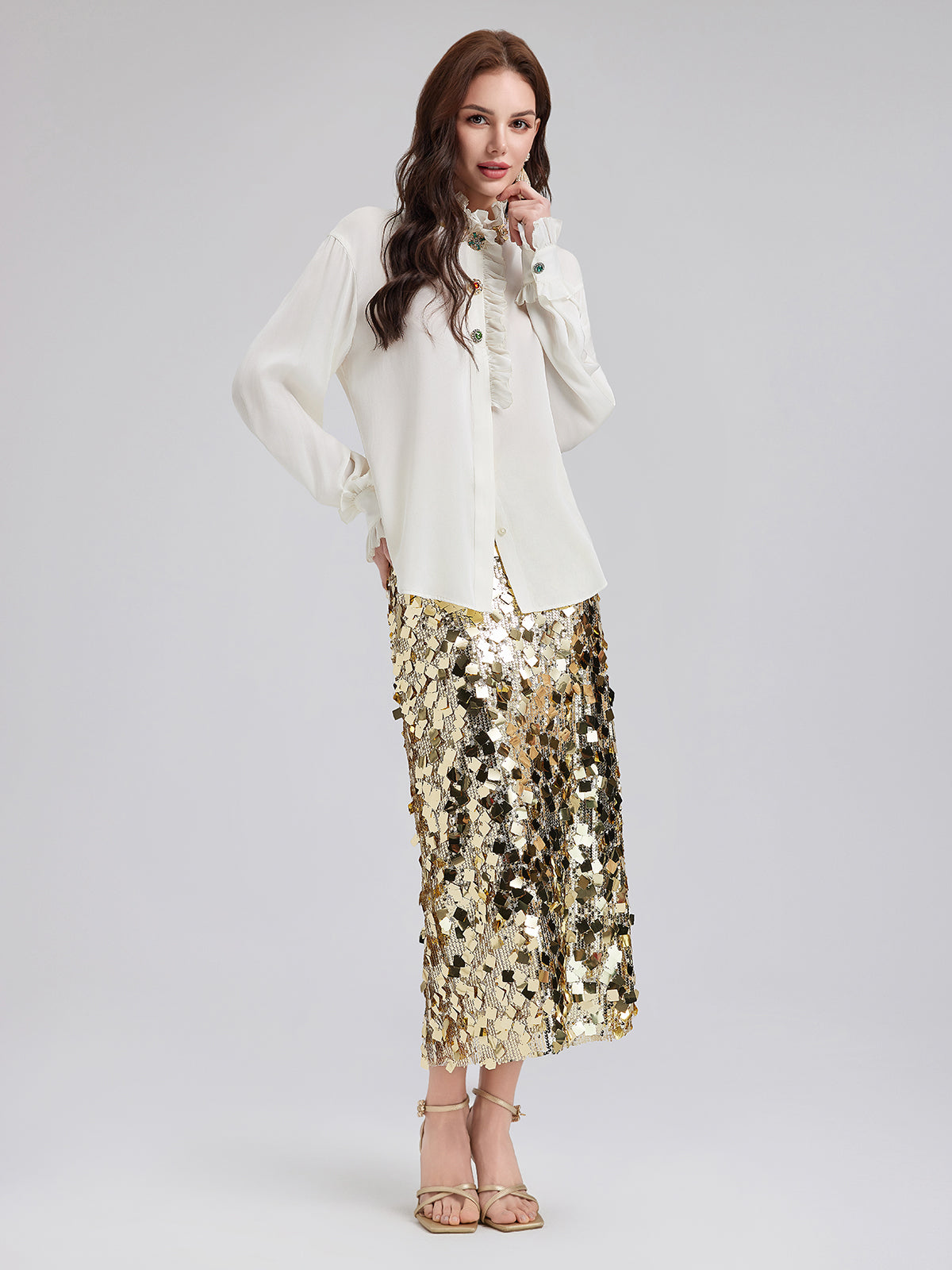 Silk Beaded Ruffle Collar Blouse