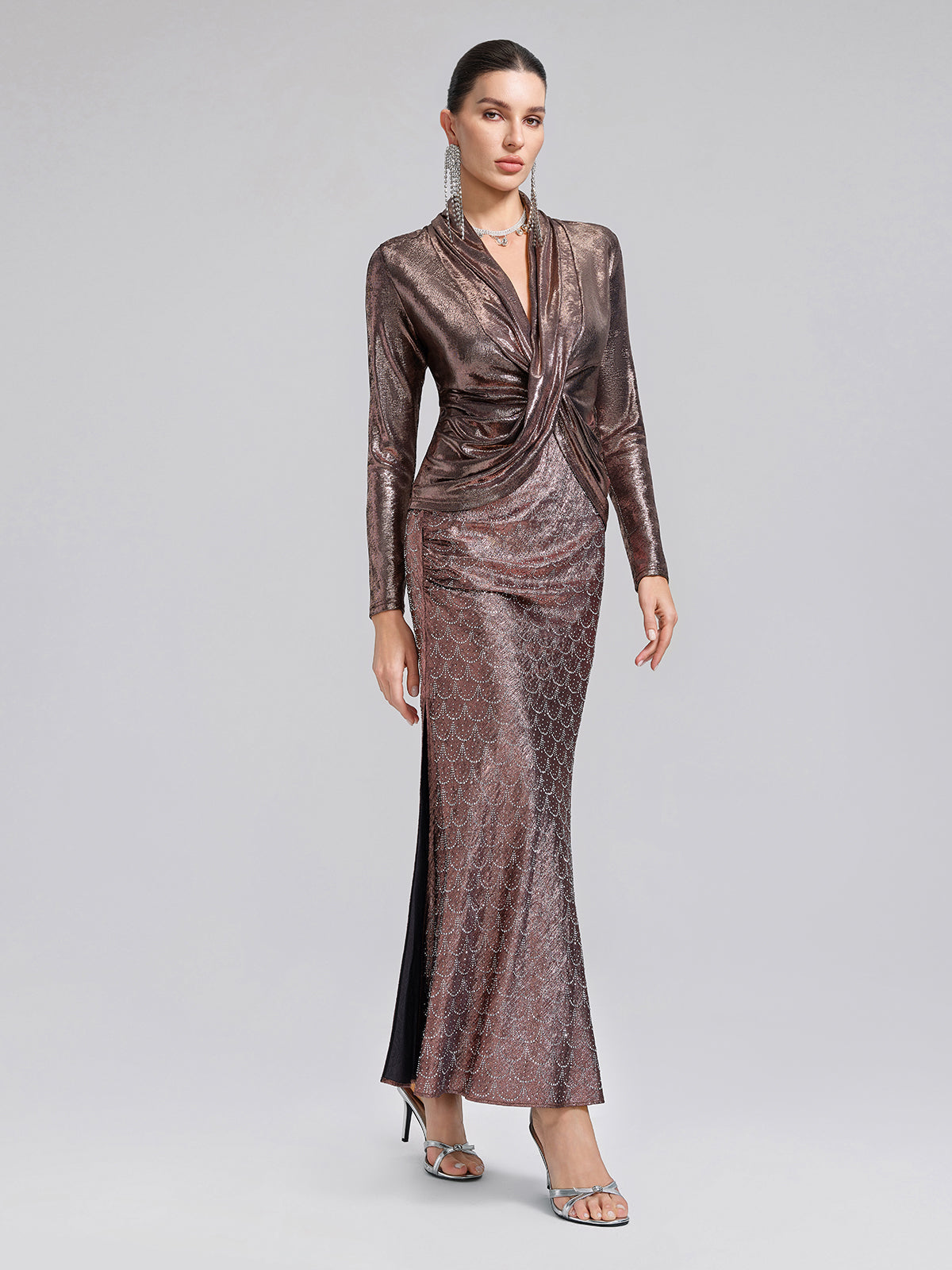Gold-Foil Deep-V Draped Top