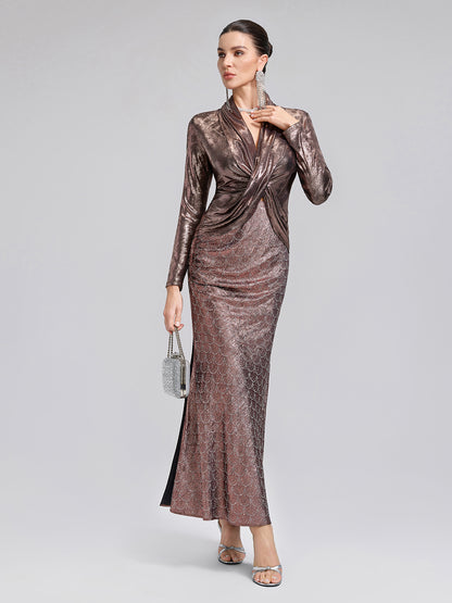 Gold-Foil Deep-V Draped Top