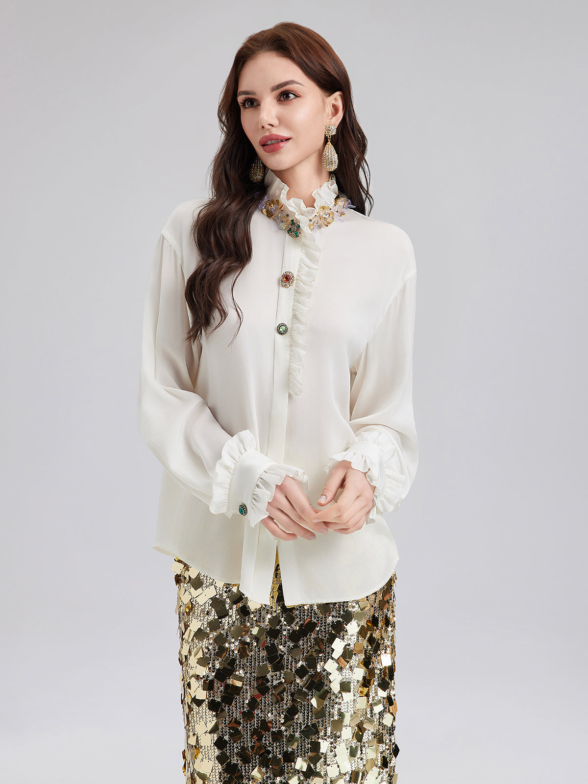 Silk Beaded Ruffle Collar Blouse