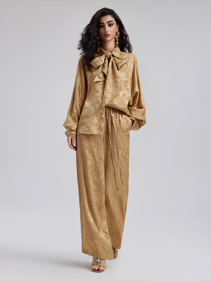 Gold Jacquard Wide Elastic Waist Pants