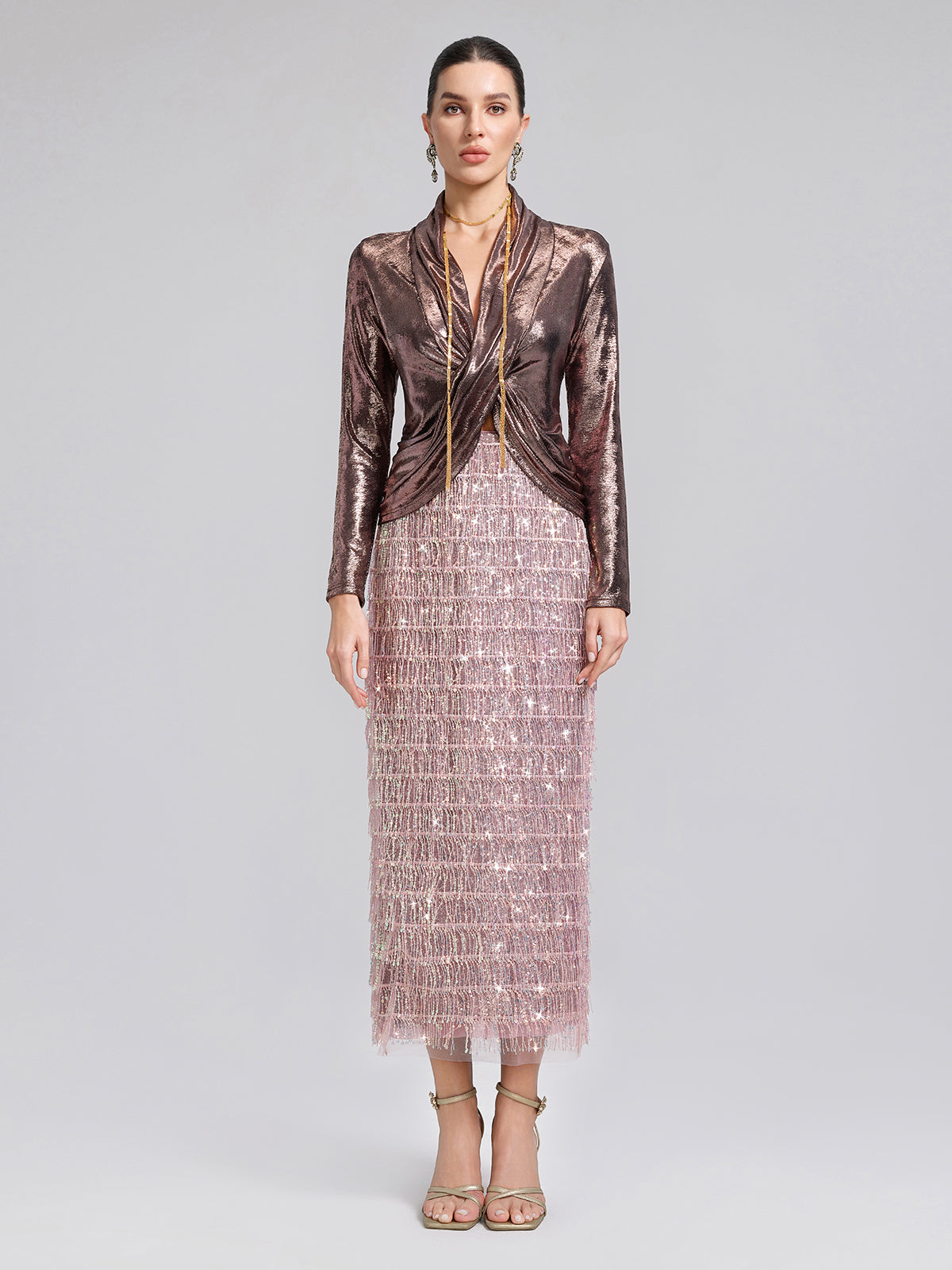 Gold-Foil Deep-V Draped Top