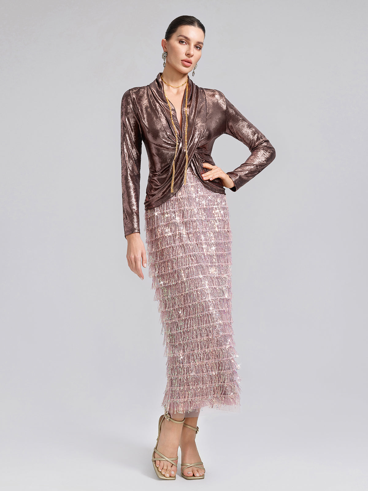 Back Slit Sequin Fringe Skirt