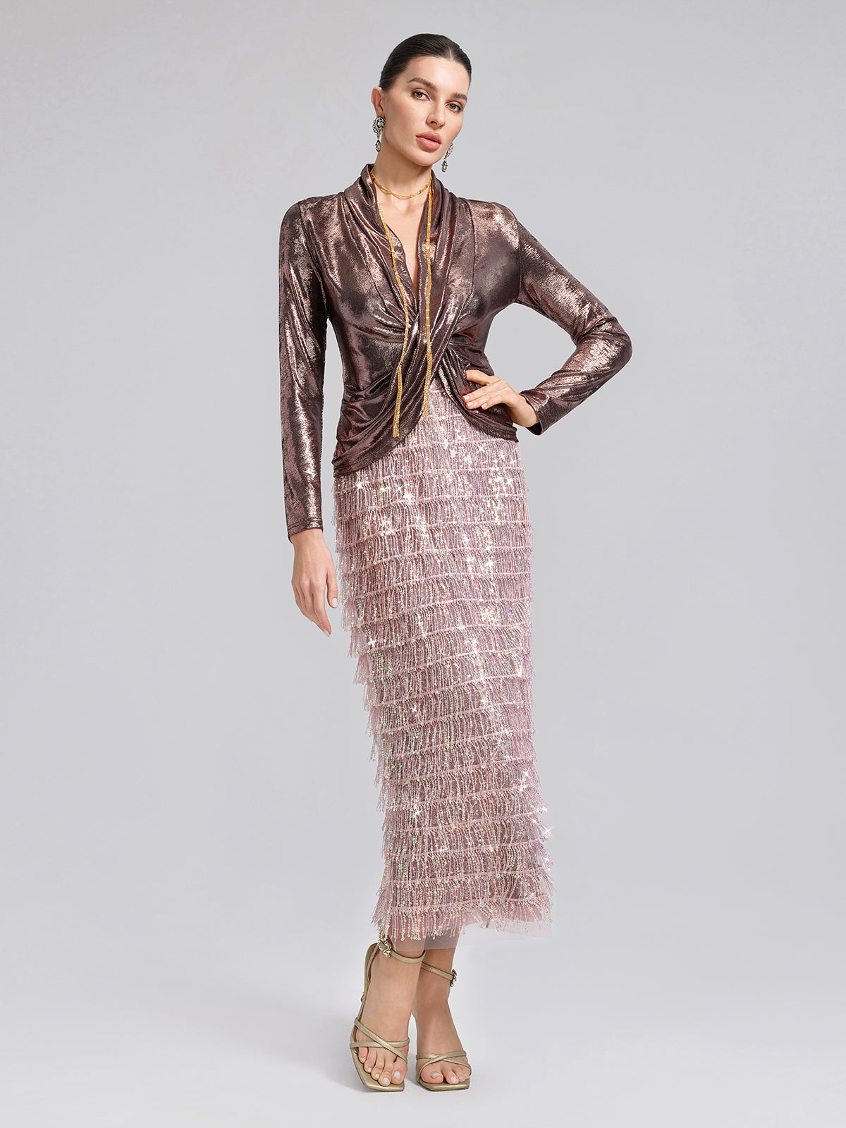 Back Slit Sequin Fringe Skirt