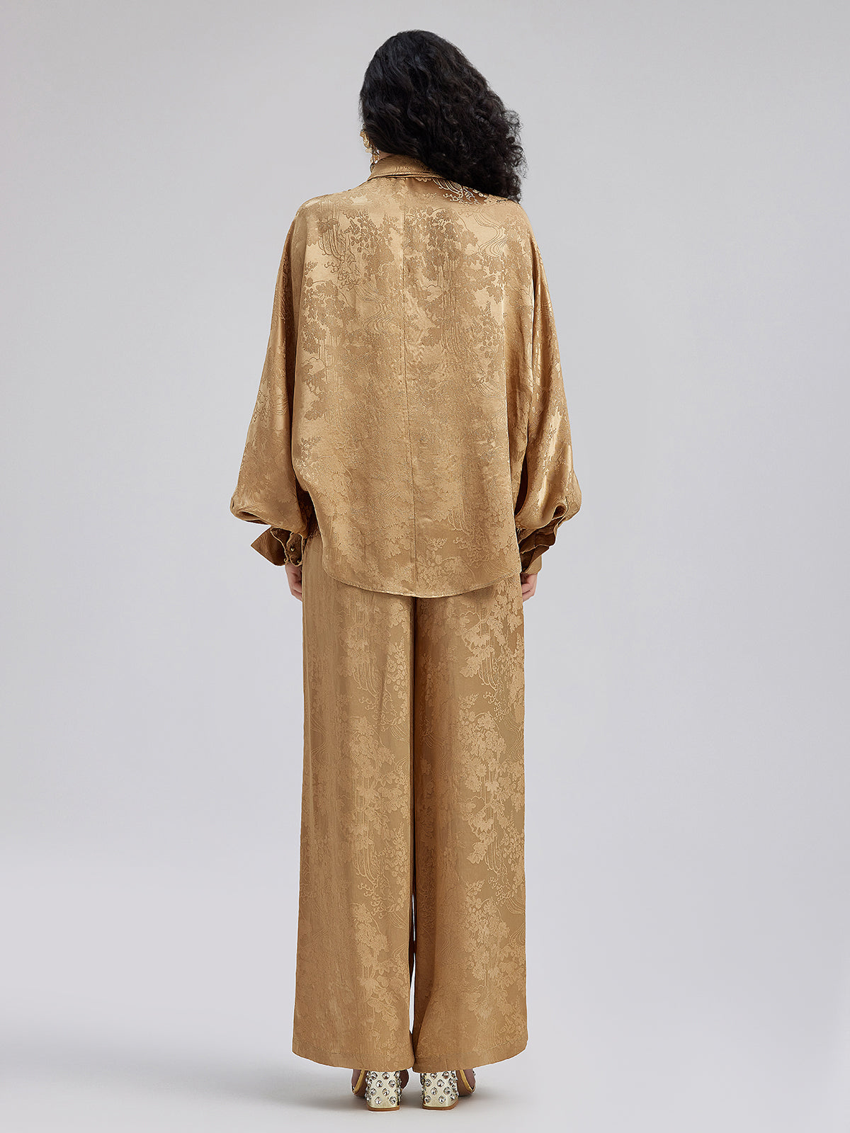 Gold Jacquard Wide Elastic Waist Pants