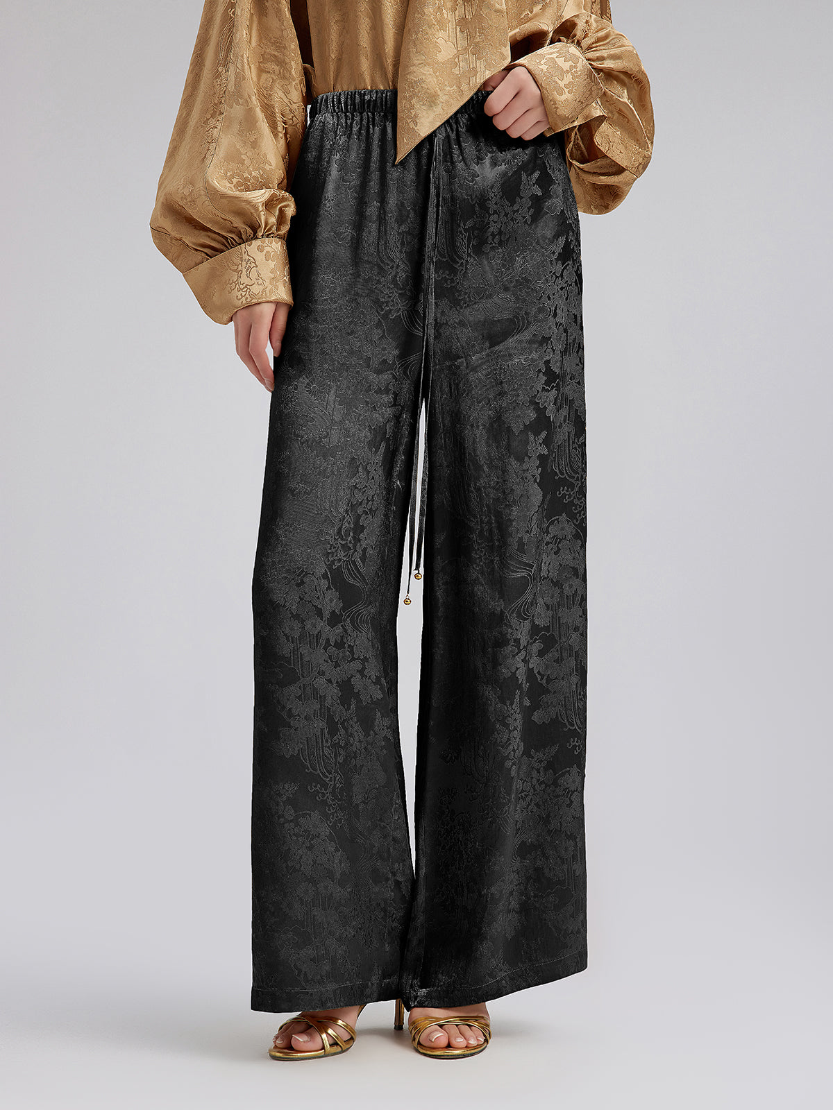 Gold Jacquard Wide Elastic Waist Pants